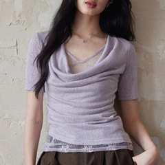 Er Yang [Ting Lan] 偽ツーピーススイングカラーレースニット半袖トップ女性用パープル気質ウエストTシャツ