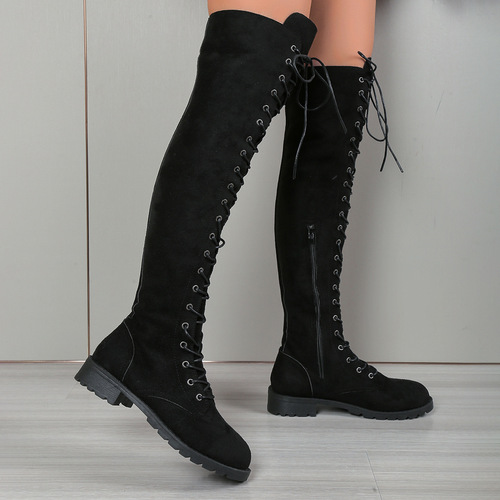 Womens Winter New Knee-High Boots with Round Toe Fleece Laces Plus Size Slimming Boots Wish