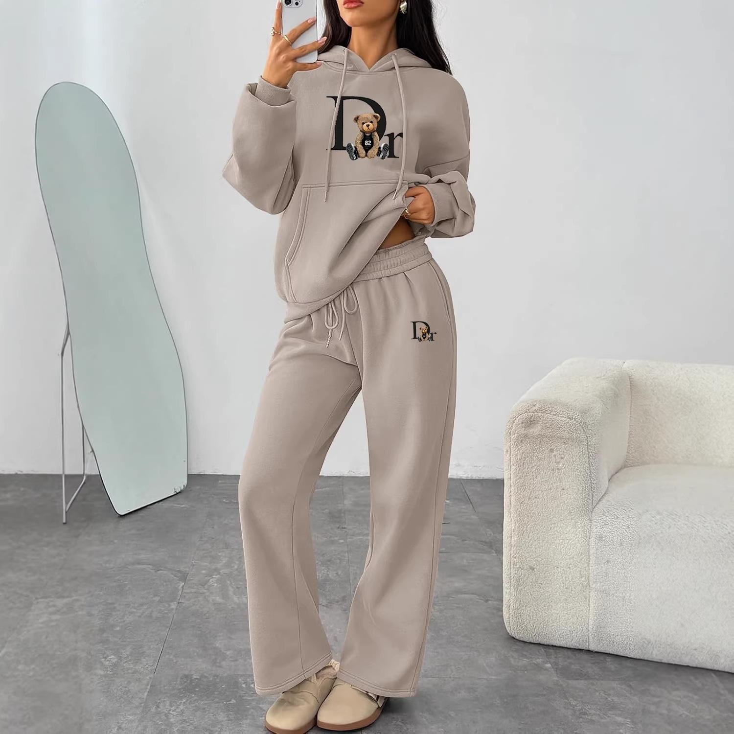 Conjunto de sudadera con capucha y pantalones de pierna ancha y rectos, con estampado de letras, de otoño e invierno, de comercio electrónico transfronterizo_voghion.com