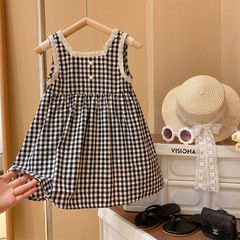 Summer 2024 Children's Lace Sweet Black and White Striped Princess Backless Tank Dress for Girls and Toddlers, Sleeveless Casual Baby Dress for Dropshipping