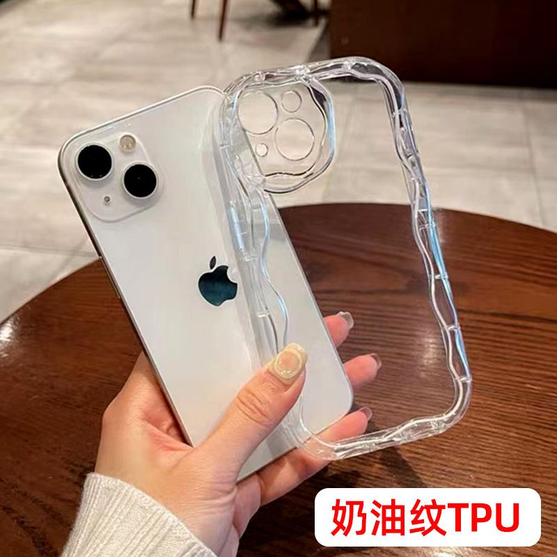 Cream Pattern Transparent Apple 14 Mobile Phone Case 13Promax Suitable for Iphone15 All-Inclusive 11 Female New Model 12 Simple