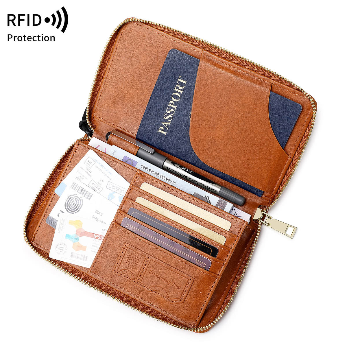 Neu RFID Reisepass Tasche Lange Zipper Pass Clip Ticket Multi Funktionale Reise Lagerung Dokument_voghion.com