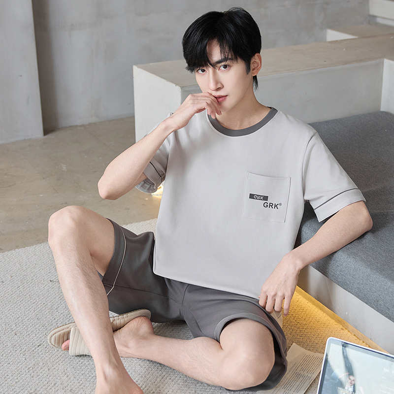 夏季男士纯棉睡衣短袖短裤纯棉简约休闲风薄款全棉透气家居服套装