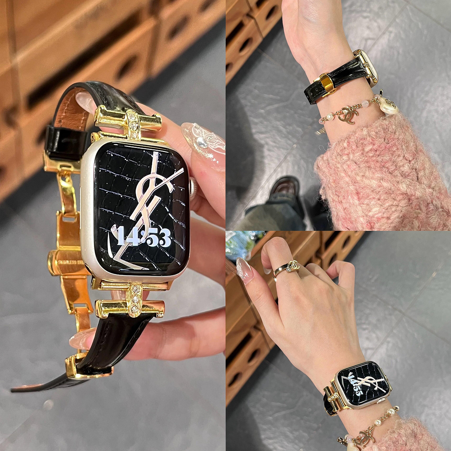 Suitable for Huawei Gt6 Leather Arc De Triomphe with Metal Diamond Butterfly Buckle Gt5 Women's Watch with High-End Versatile