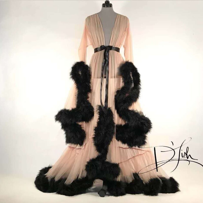 Sexy Lingerie, Feminine Feather Trumpet Sleeves, Long Skirt, Imitation Rex Rabbit Fur Sexy Nightgown, See-Through Temptation Suit
