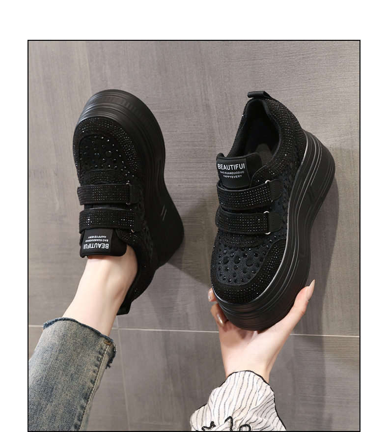 Giày sneaker nữ đế dày mặt lưới đính đá trắng — Màu đen chi tiết 14