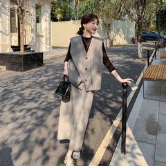 灰色盐系穿搭两件套女2025春新款时尚气质V领马甲高腰半身裙套装