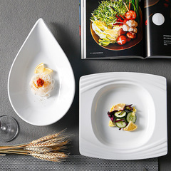 White melamine drop-shaped irregular plate for hotel, restaurant, commercial use, high-end, salad, dessert plate