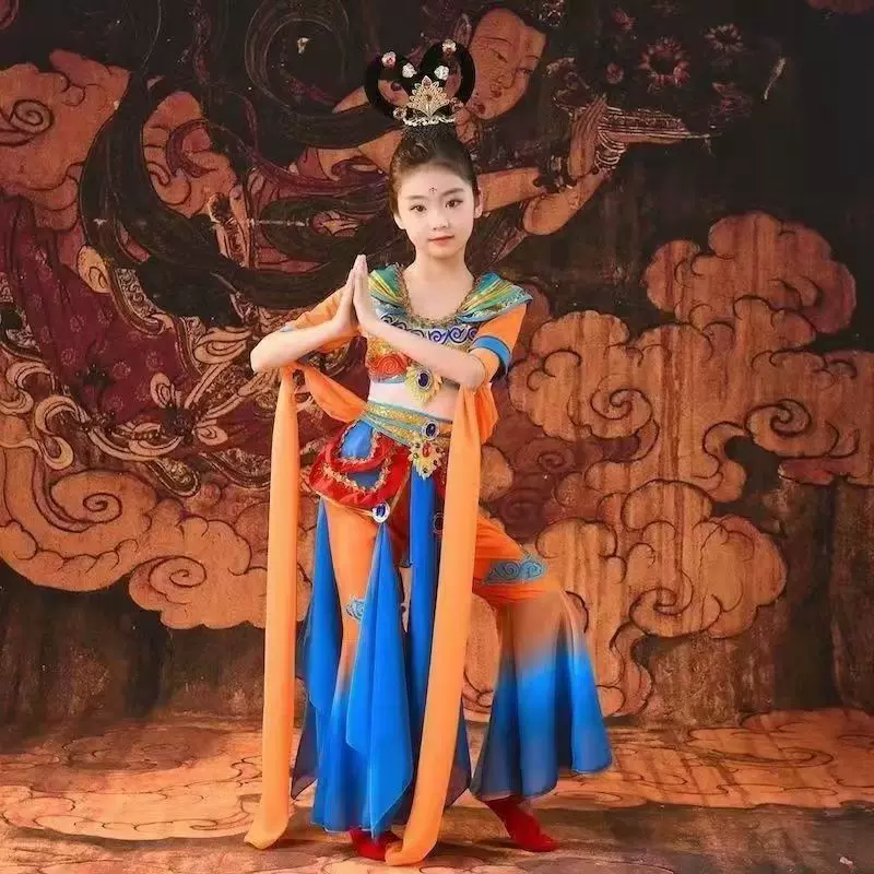 敦煌飞天舞蹈演出服儿童汉服古韵飘逸女童反弹琵琶异域风情表演服