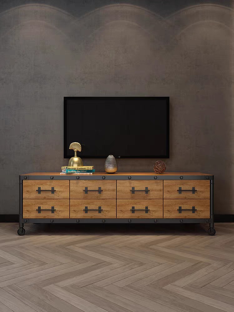 American-Style Solid Wood Industrial-Style Cross-Border Supply Iron Art Storage Cabinet Retro Drawer Cabinet Tv Cabinet for Living Room