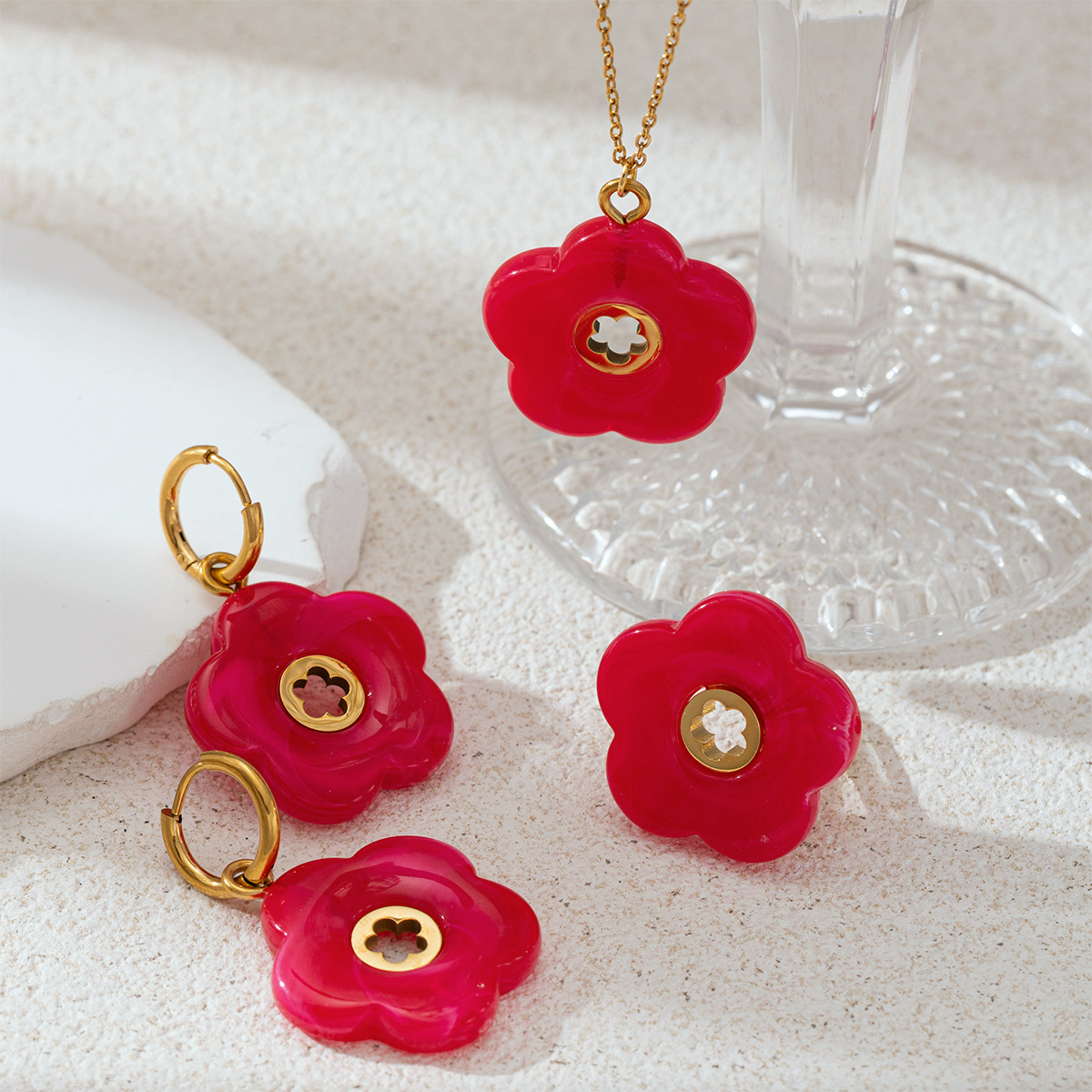 Collar acrílico de mujer no se desvanece color rosa versátil conjunto de joyas de acero inoxidable venta caliente image 1