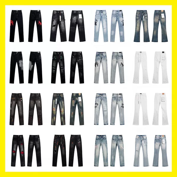 Purple Ink-Splattered Print Trendy High Street Retro Ripped Casual Fashion Denim Flared Long Pants with Tapered Legs Brand