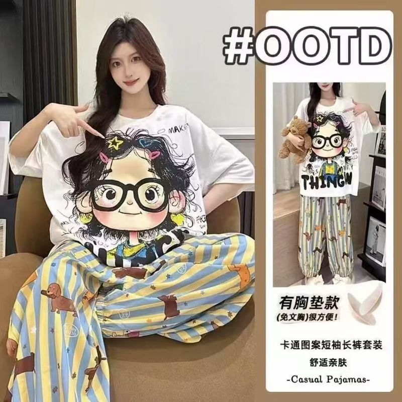 带胸垫新款睡衣女2025夏季短袖长裤卡通蝴蝶结女孩家居服可外穿|undefined