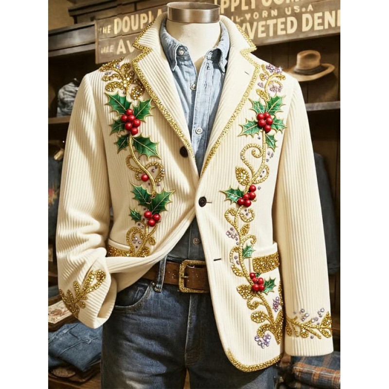 2025 Autumn/Winter New Men's 3D Printed Retro Christmas Series Casual Fashion Suit Collar Jacket