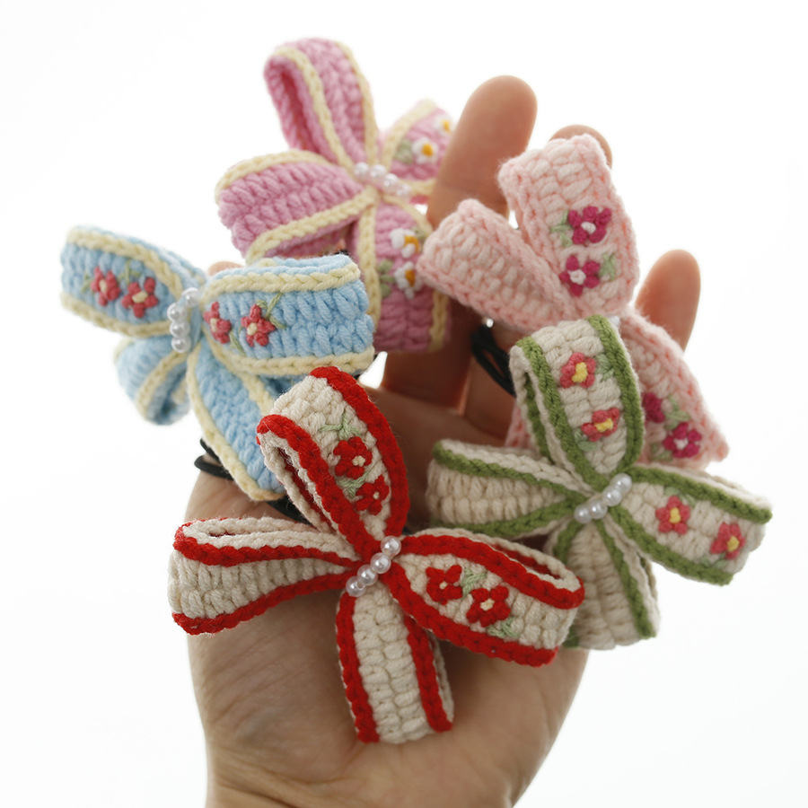 甜美刺繡手工編織發圈 高端毛線鈎織頭飾 精美小碎花皮筋成品批發
