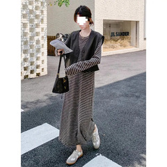 皮衣马甲条纹连衣裙套装女春秋2025新款高级感盐系减龄时髦两件套