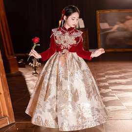 新中式儿童礼服小众轻奢生日女童旗袍晚礼服长袖连衣裙表演服