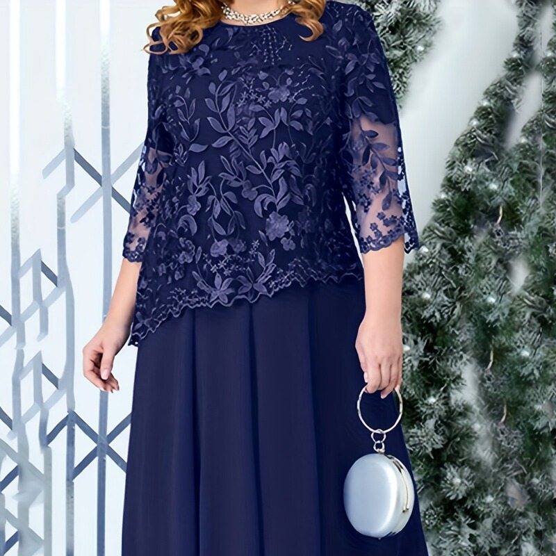 European and American Cross-Border Spring and Summer New Plus Size Women's Dress Spliced Embroidered Lace Slim Cocktail Dress