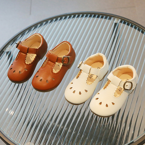 Summer new style Velcro small leather shoes for boys and girls, retro British style hollow children's soft-soled beanie shoes, casual shoes