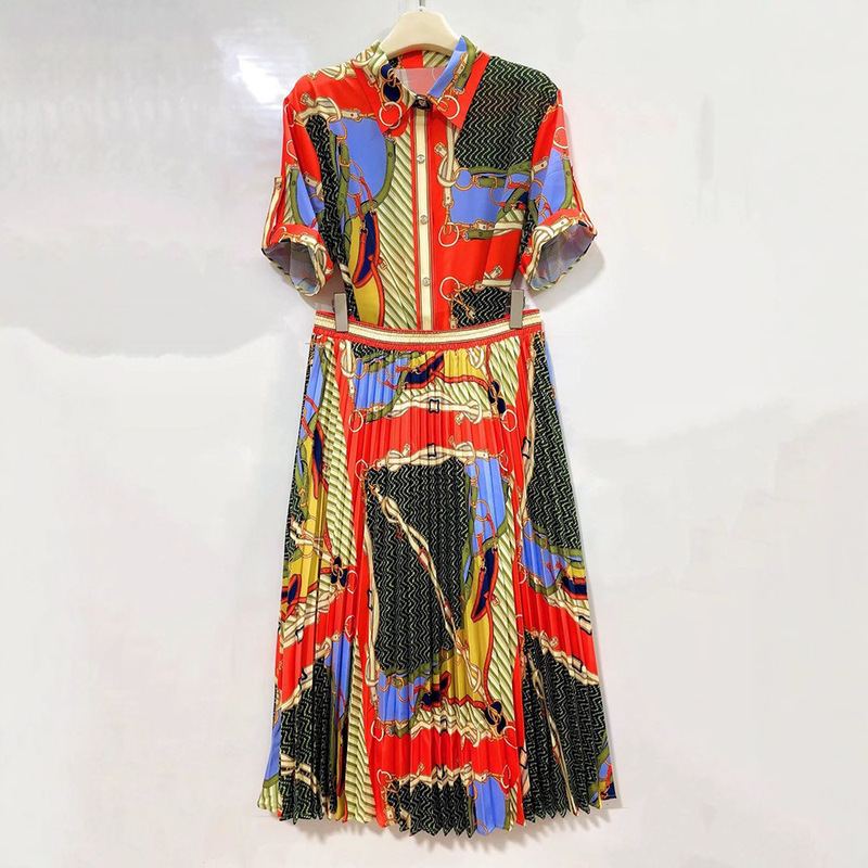 Cross-Border Export Women's Retro Geometric Print Shirt Two-Piece Summer + Loose Pleated Skirt Fashion Suit