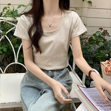 u领短款t恤女装短袖潮2025夏季新品修身低圆领基础款纯色正肩上衣