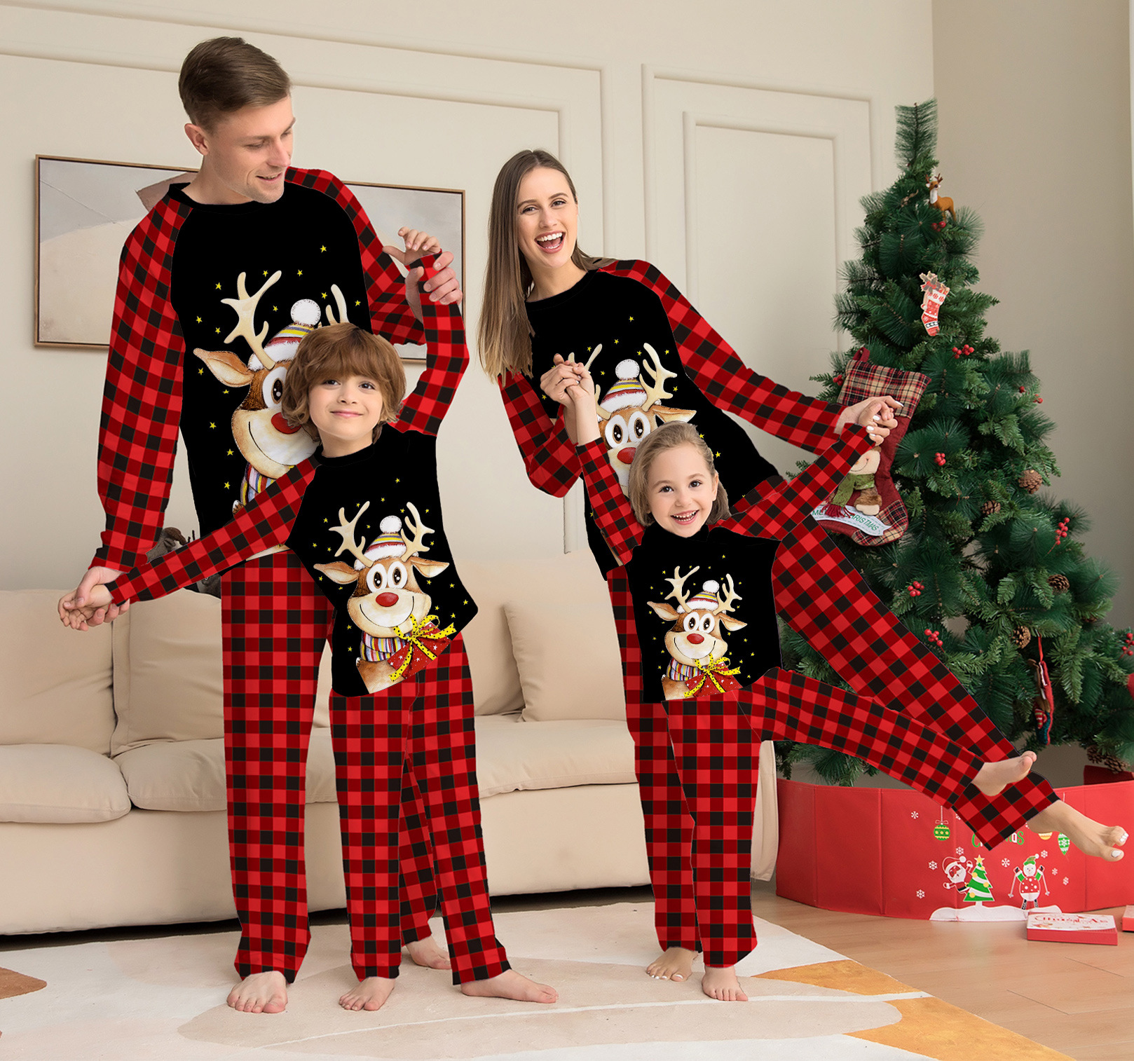 Jule tegneserie fawn ternet julefamiliekjole trykt hjemmekjole pyjamas_voghion.com