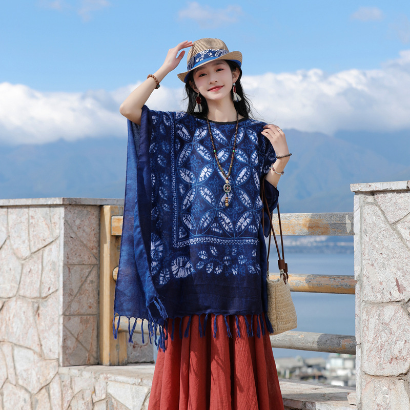 Primavera y otoño nuevo estilo étnico viaje protección solar largo pullover cabo Yunnan Dalí retro tie-teñido exterior chal para las mujeres