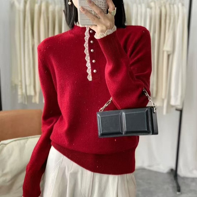 2025 Early Spring New Half-high Collar Lace Lace Collar Women's Sweater Thin Shiny Design Long Sleeve Base Shirt