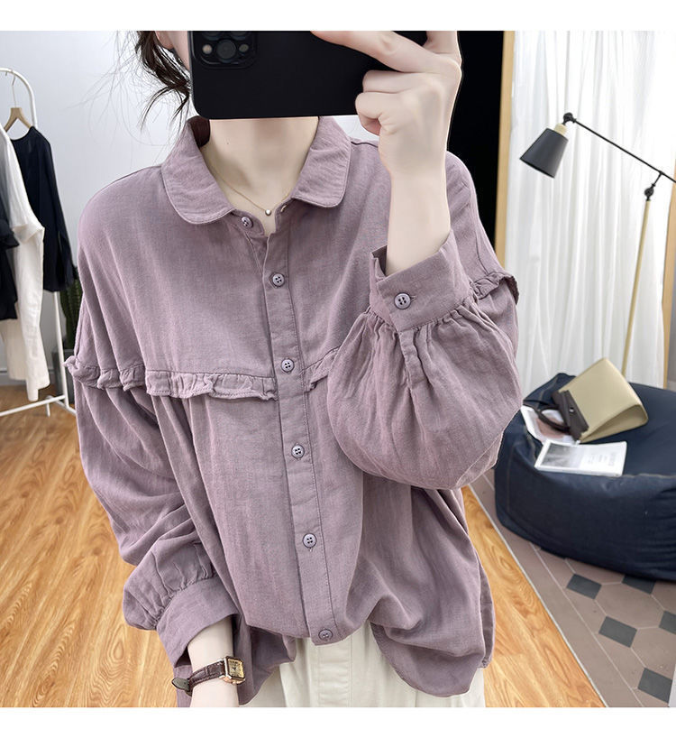 Women's Cotton Linen Blouse With Ruffles And Lantern Sleeves_voghion.com