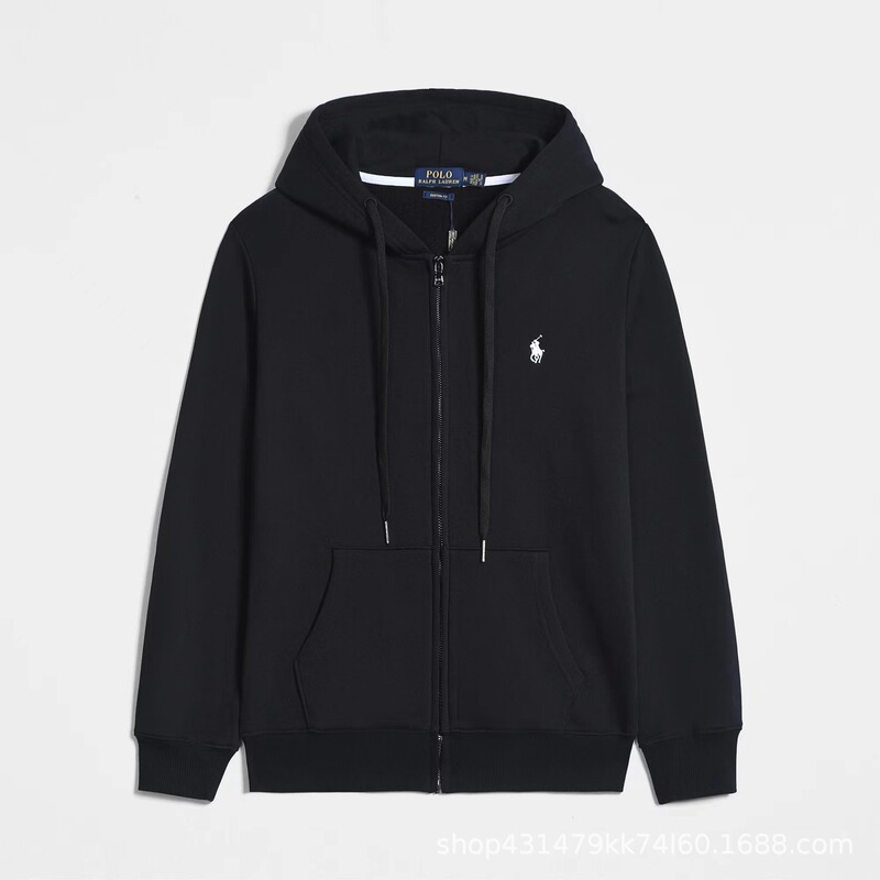 Spring and Autumn Thin Style Pony Hooded Rl Cardigan Solid Color Sweatshirt Embroidered Loose Plus-Size Polo Men's Jacket