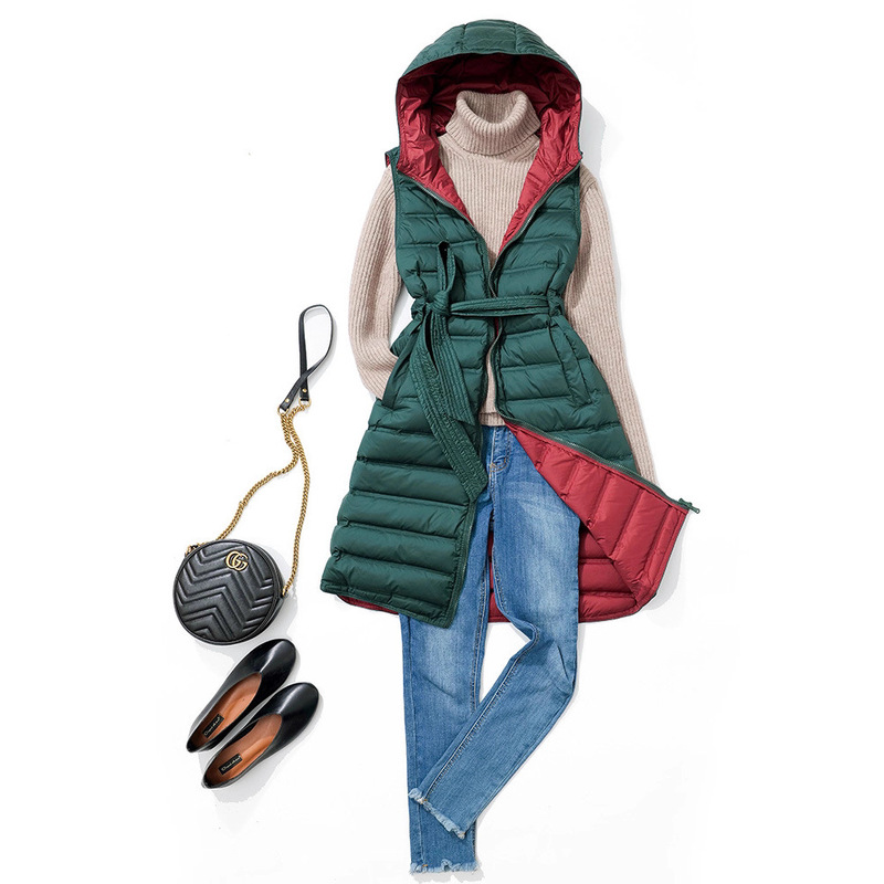 Seamless Fabric 2025 Autumn and Winter Lightweight down Vest Women's Long Hooded Over-The-Knee Waist Slimming Contrast Color Vest