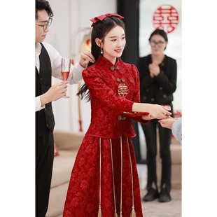 in stock Wedding Cheongsam Improved Chinese Bridal Dress Wine Red Slimming Mid-length Slim-fit Dress Xiuhe New Style