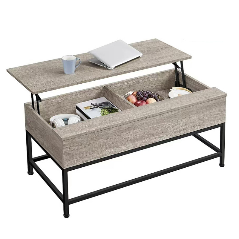 Fábrica directa pequeña casa sala de estar almacenar artículos mesa de té tipo piso elevable de acero mesa de café de madera