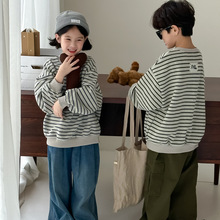 童卫衣2025春款男童女童韩版条纹贴标卫衣儿童圆领休闲上衣末小蒙