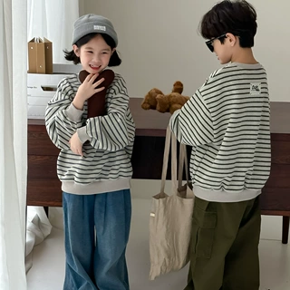 童卫衣2026秋款男童女童韩版条纹贴标卫衣儿童圆领休闲上衣末小蒙