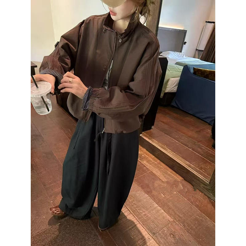 韩系复古立领格纹卷边拉链短款外套女2025秋季新款工装夹克上衣