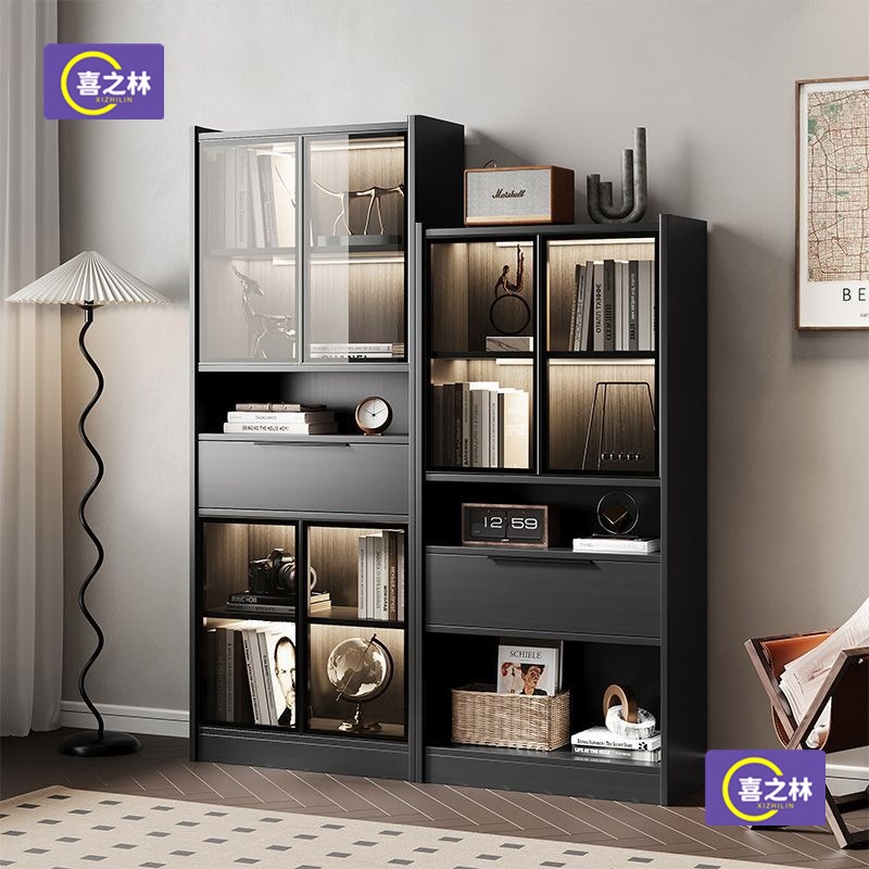 Black Floor-Standing Plaid Cabinet Bookcase Glass Living Room Storage Cabinet Integrated Stairwell Storage Cabinet New Solid Wood Combination
