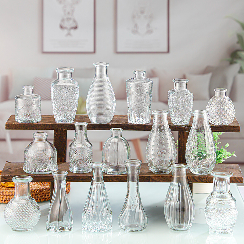Small home vase ornaments European style light luxury relief glass vase transparent living room hydroponic water-cultivated vase ins