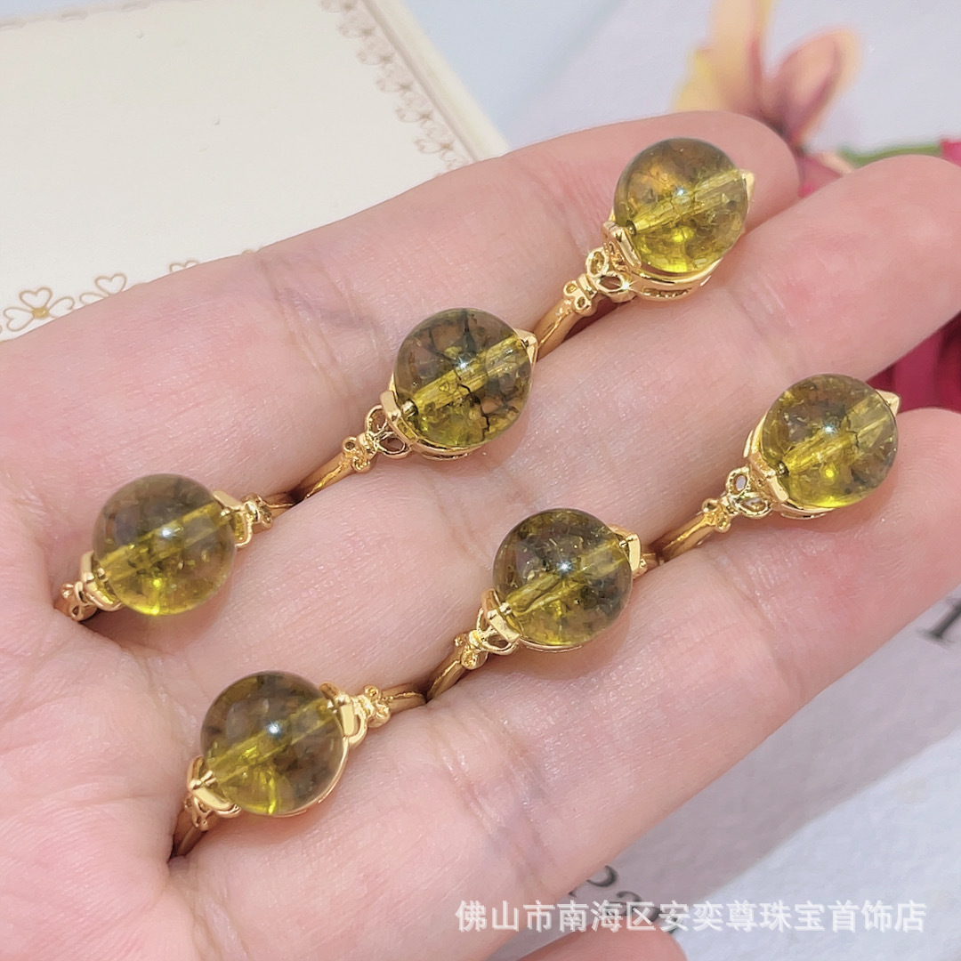 천연 크리스탈 올리브 웨이퍼 비즈 크리스탈 링 10MM 라운드 비즈 숙녀 링 [공장 아울렛] F626