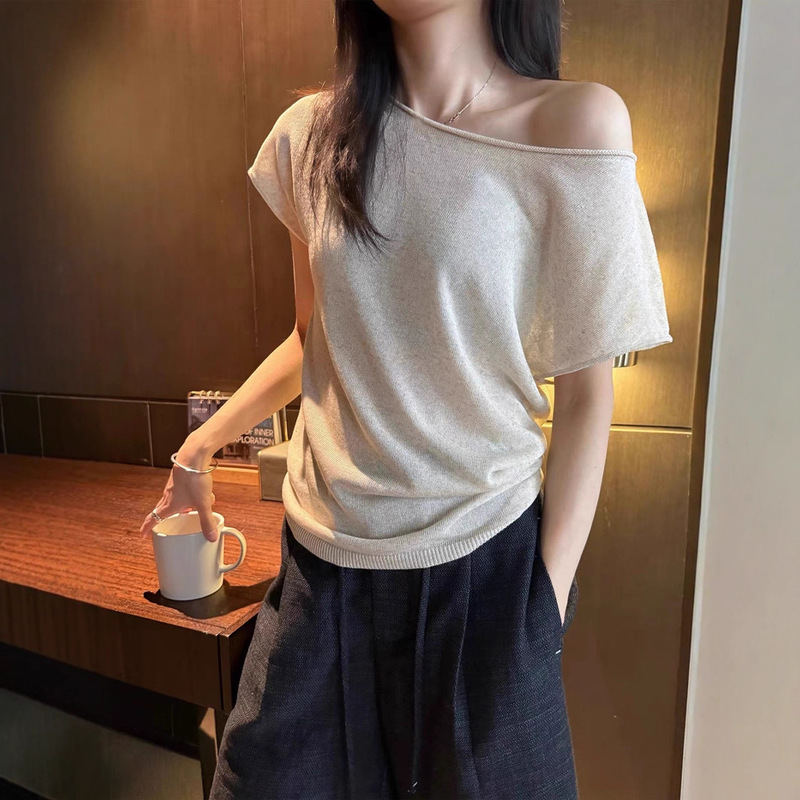 [One Piece, Two Wears] Tencel Linen Short-Sleeved T-Shirt Women's Summer Off-Shoulder Rolled Edge Oblique Shoulder Knitted Top