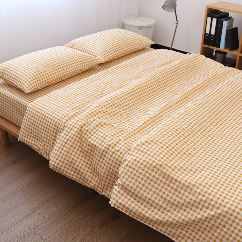 7WLO 简约黄小格日系纯棉床单被套枕套全棉被罩床笠黄格子可搭配
