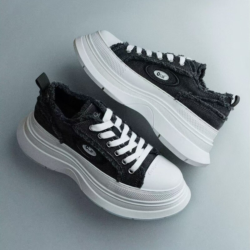 Ocar Autum New Double Shoelace Canvas Shoes Tassel Platform Heightening Thick-Soled Casual White Shoes Women's Versatile Sneakers