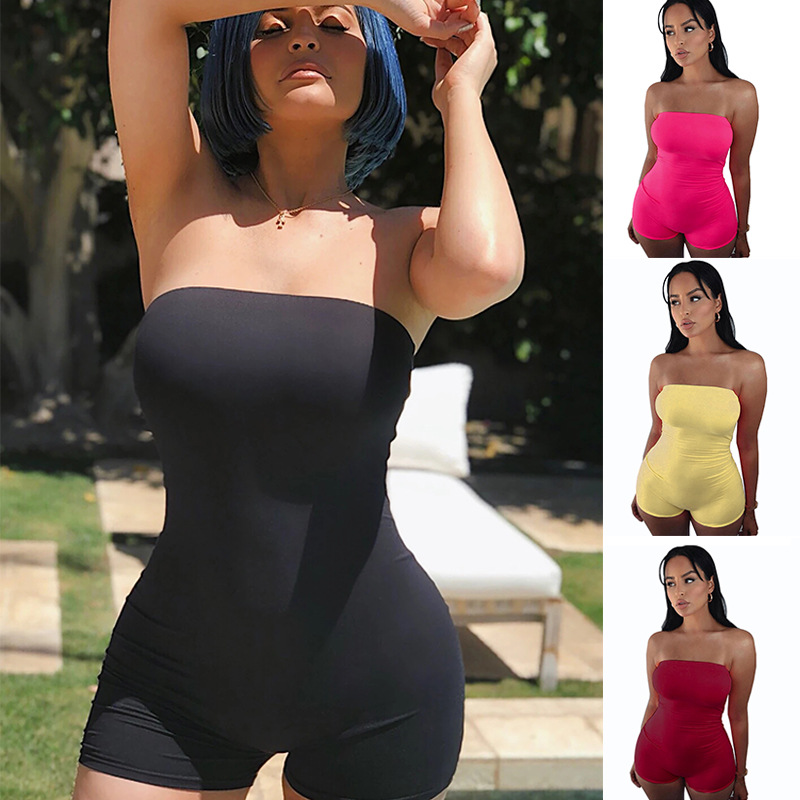Amazon 2025 Spring and Summer New Tight Shorts European and American Off-Shoulder Tube Top Tight Sexy Shorts Jumpsuit for Women
