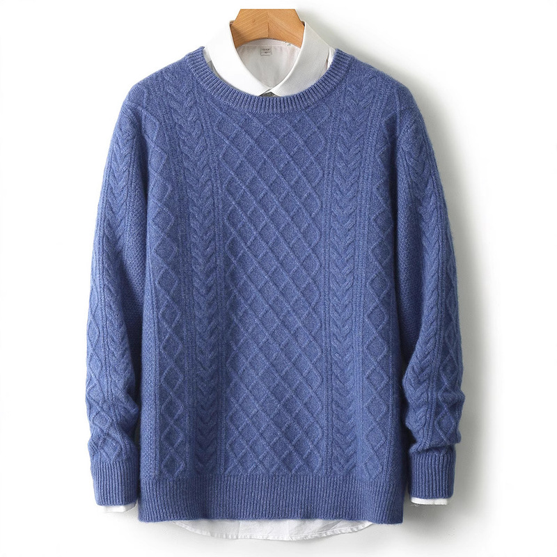 Men's Round Neck Light Retro Alana Twisted Double-Strand Merino Wool Sweater Pullover Thickeneded Sweater