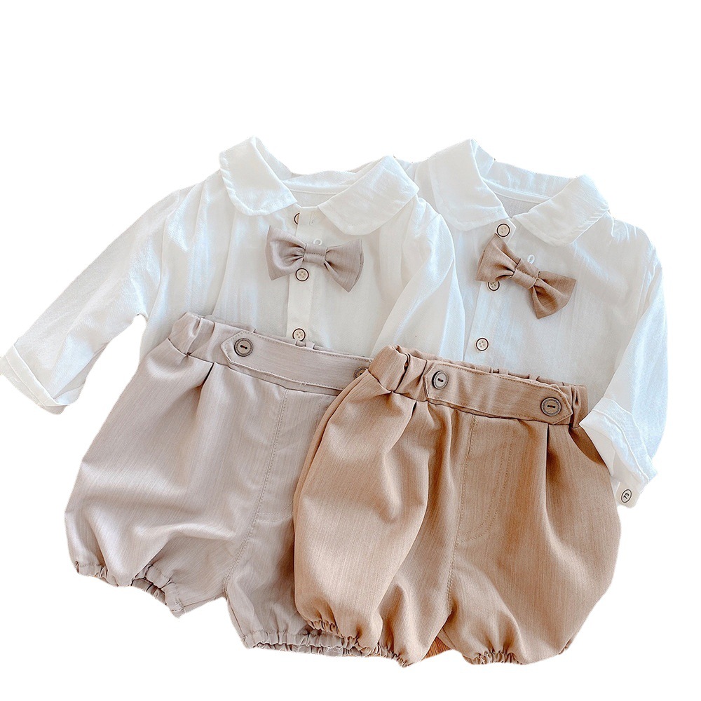 Traje de caballero para niños 0-3 años ropa de otoño bebé camisa de color sólido pantalones cortos de dos piezas bebé vestido de un año MT017