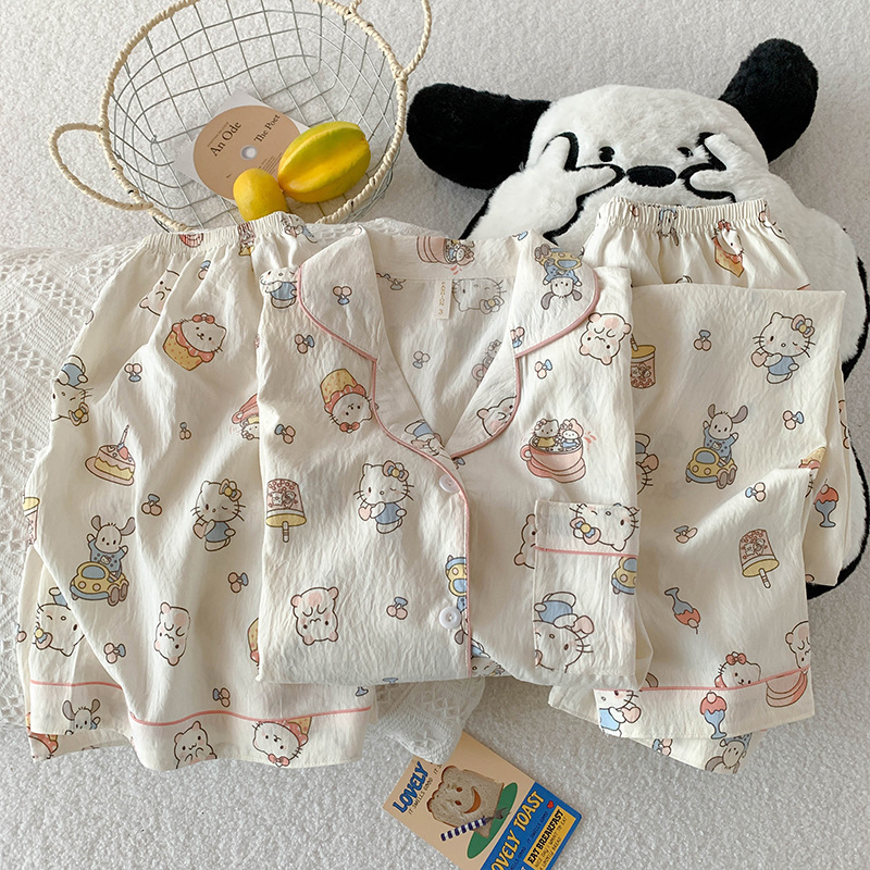 Japanese HelloKitty Cloud Hilo de algodón Pijamas de verano para mujer de manga corta lindo traje de tres piezas para estudiantes