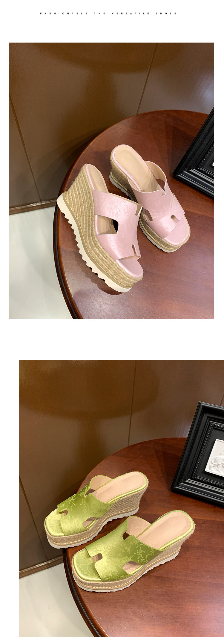 Sandal cao gót nữ hở mũi đế xuồng bện cói da bò thật — màu be, màu hồng, màu xanh huỳnh quang chi tiết 14