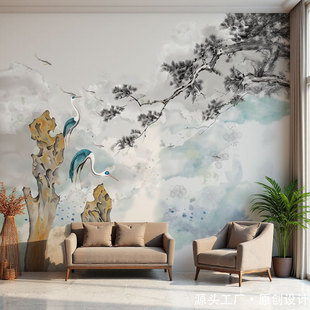 High-End New Chinese Style Light Luxury Living Room Sofa Background Wall Cloth B&B Hotel Tea Room Loft Custom Mural