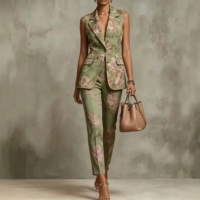 2026 European and American Women's Fashion Independent Site Amazon Digital Print Vest Suit + Trousers Two-Piece Set 2026 European and American Women's Fashion Independent Site Amazon Digital Print Vest Suit + Trousers Two-Piece Set