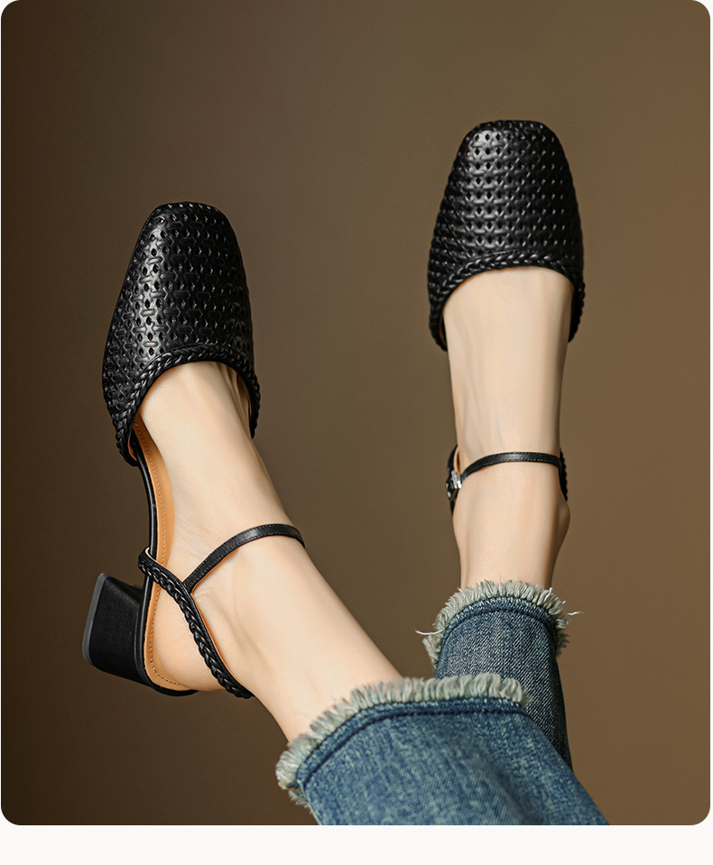 Giày sandal cao gót nữ quai ngang mũi tròn da bò, gót 5 cm — đen chi tiết 10